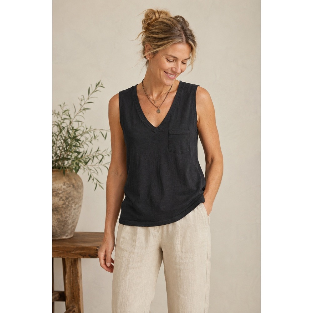 Garnet Hill Black Organic Pima Cotton V-Neck Pocket Tank Top Sleeveless- Small